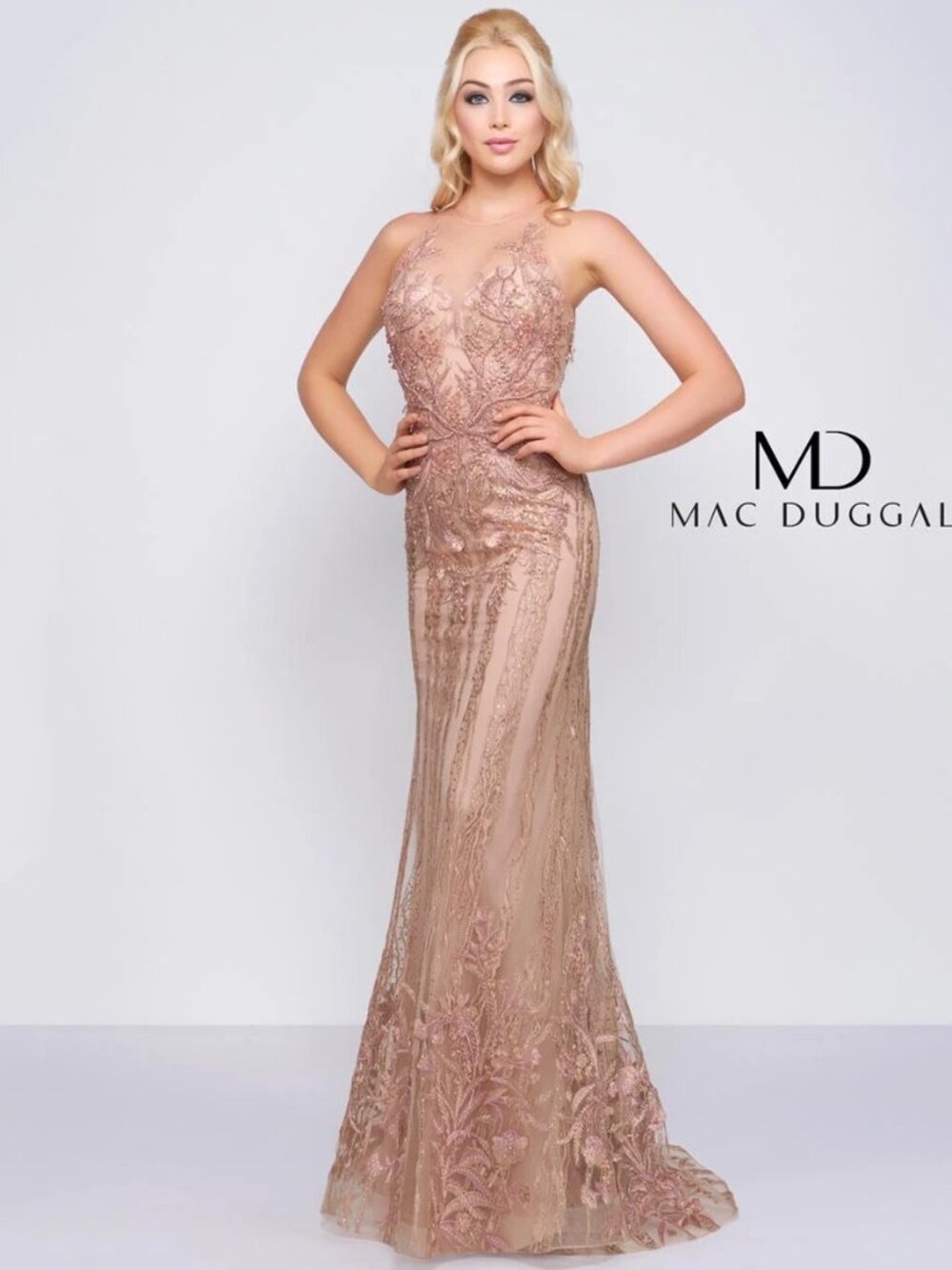 Mac Duggal Couture High Neck Evening Gown Rose Nude Size 16 50512D $1100 NWT